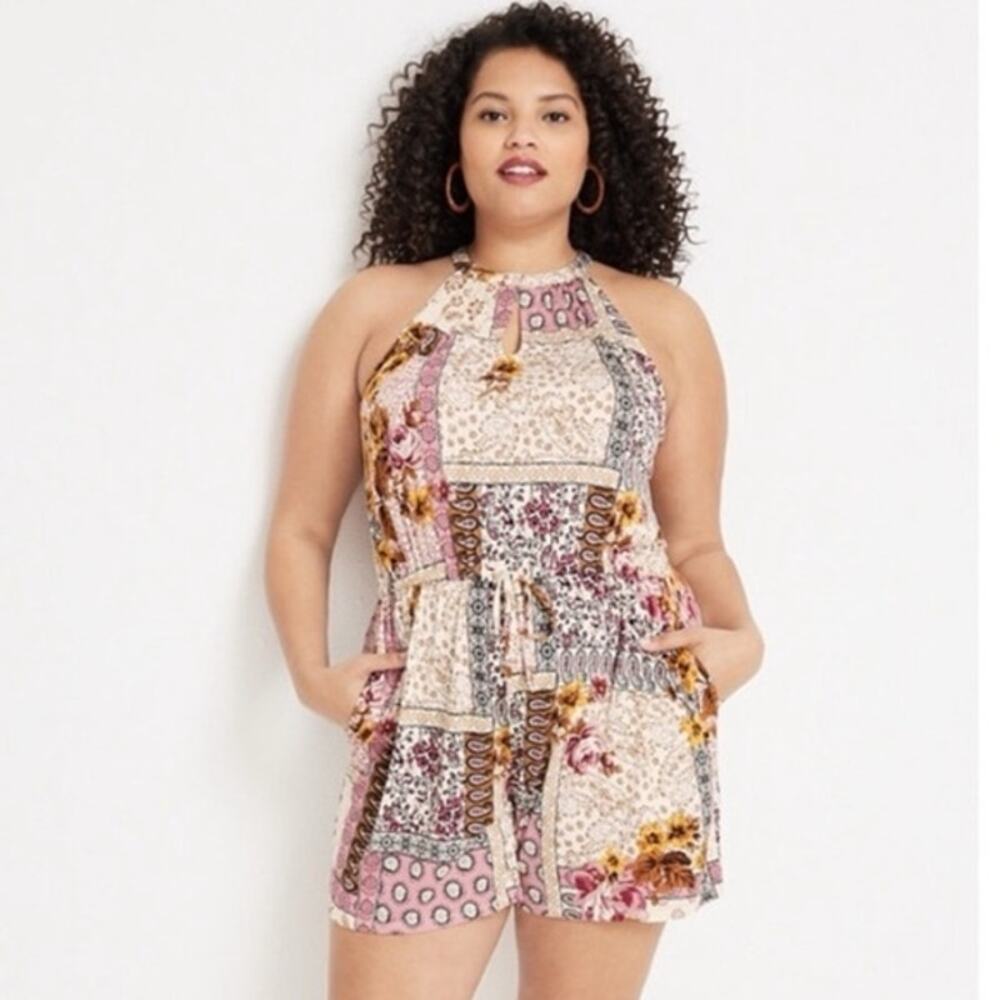 Maurices Pink Patchwork Floral Halter Romper, XL